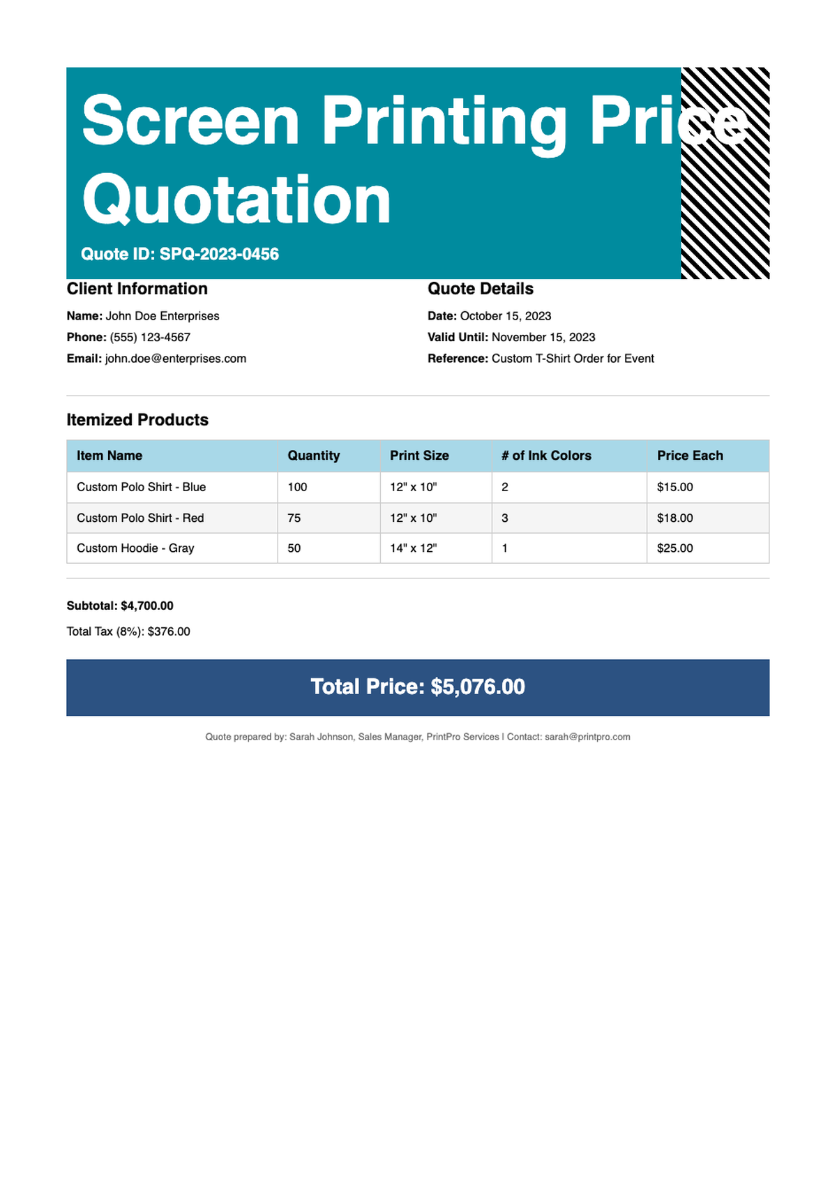 Screen printing quote with itemized pricing and contact details_variant_1